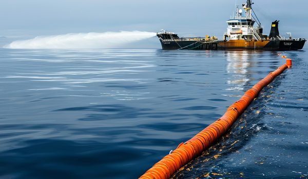 An offshore vessel engaged in an oil spill response exercise, using a boom floating barrier to contain the oil. 2256516369 --ar 16:9 Job ID: 854eecf2-b833-4139-836f-c9647905c3ee