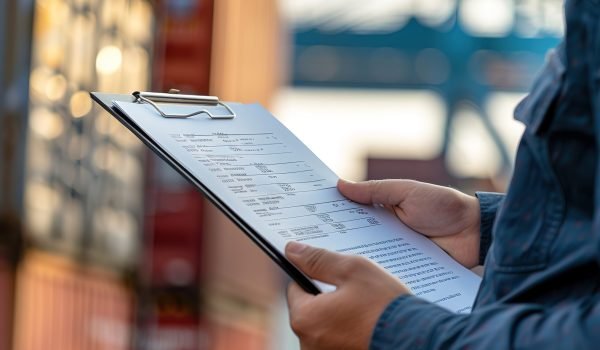a closeup of hands handling a clipboard at cargo shipped dock